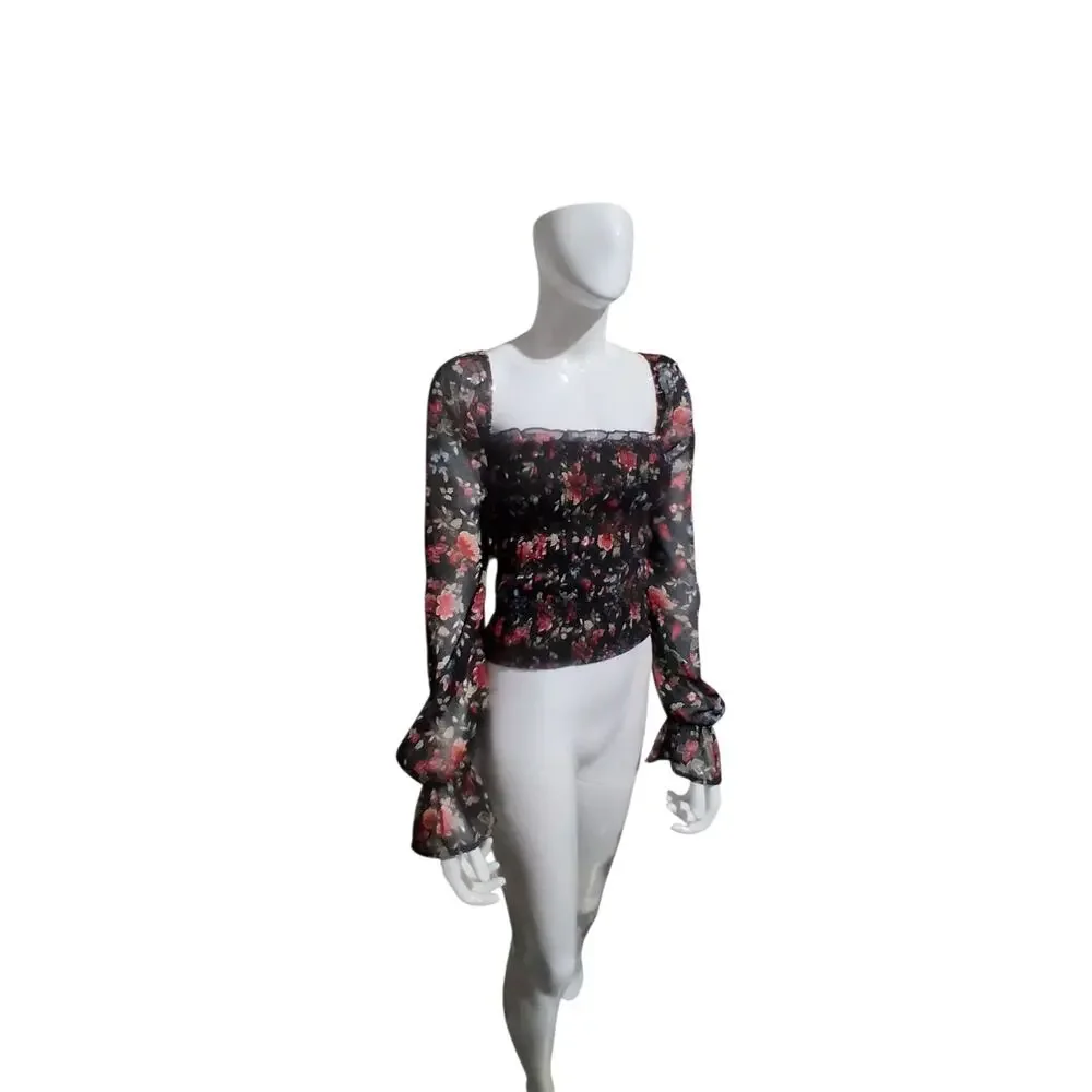 Mi Ami Smocked whimsical Fairycore Womens size Large Romantic Sheer Metallic Top - Picture 2 of 13